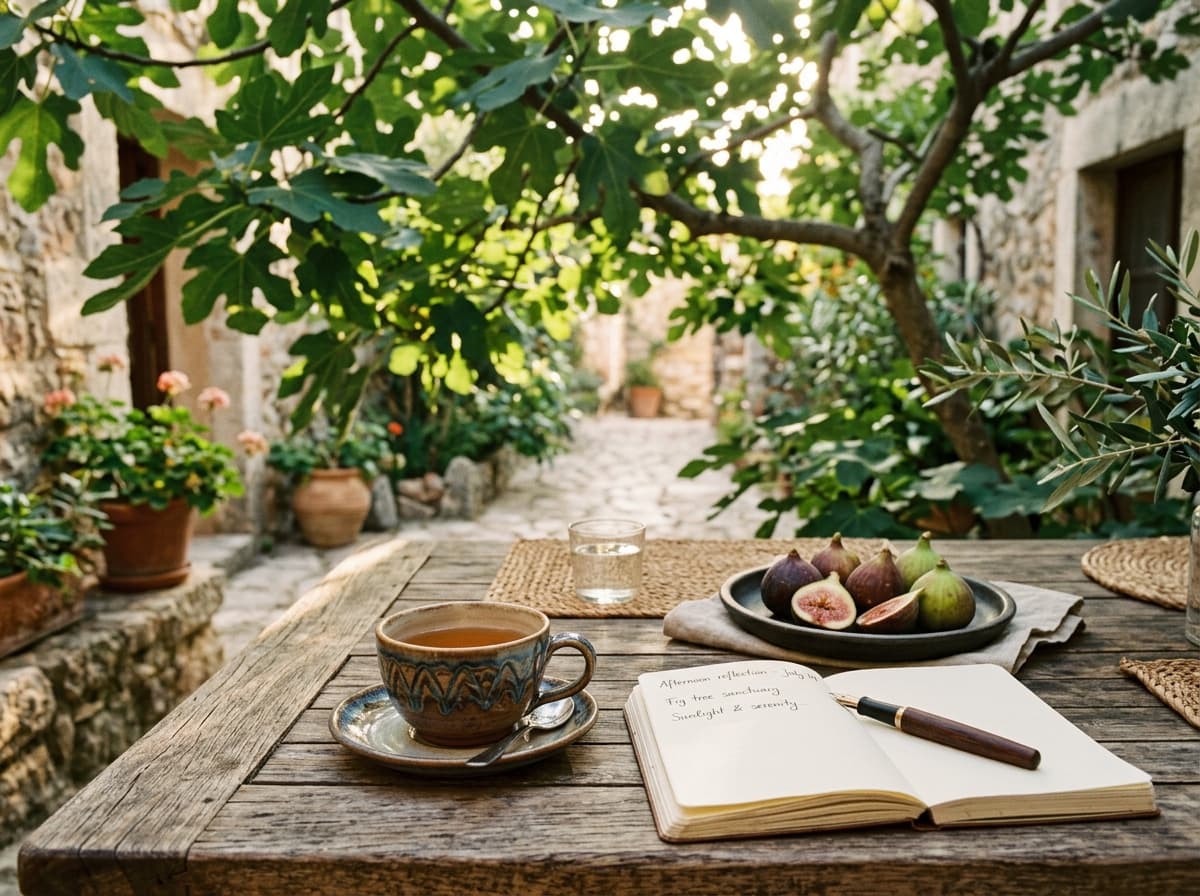 Afternoon tea under the courtyard fig tree
